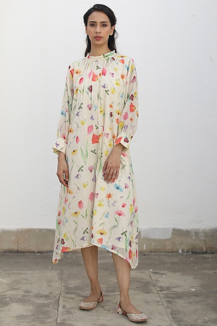 Ivory Kota Printed Midi Dress by Begum Pret at Pernia's Pop Up Shop