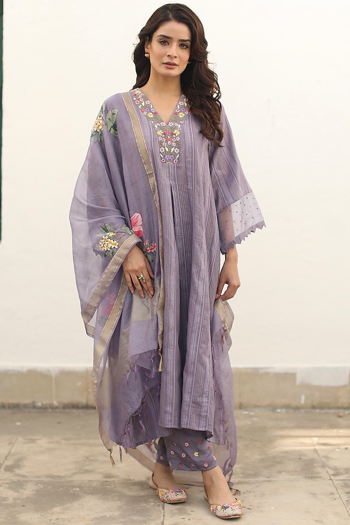 Purple Cotton Chanderi Embroidered Kurta Set by Begum Pret