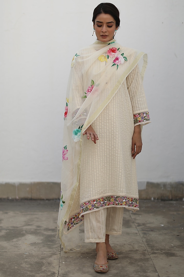 Ivory Seersucker Embroidered A-Line Kurta Set by Begum Pret