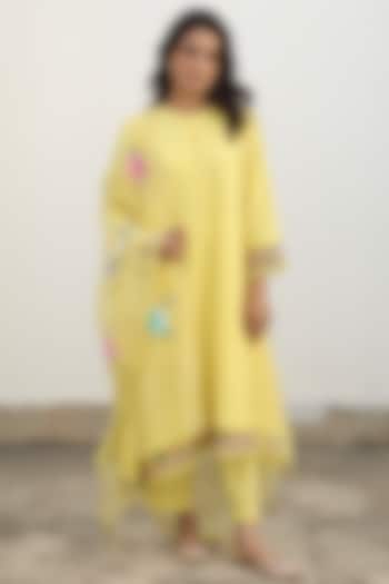 Lemon Seersucker Embroidered A-Line Kurta Set by Begum Pret