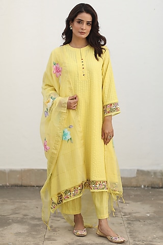 Lemon Seersucker Embroidered A-Line Kurta Set by Begum Pret