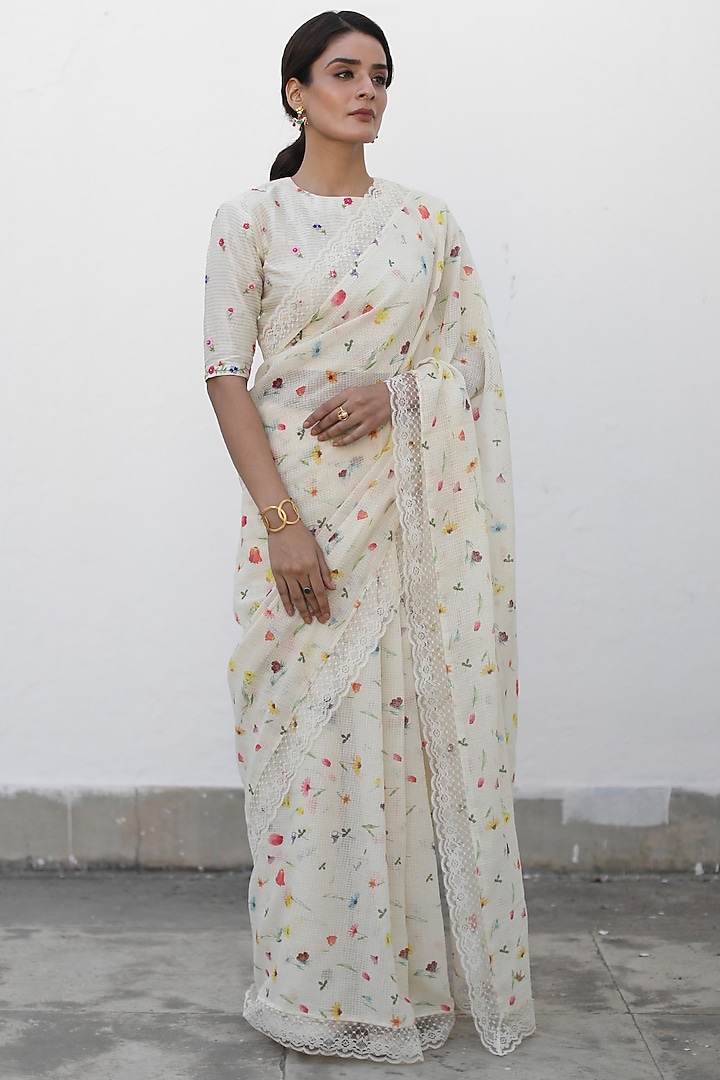 Ivory Kota Printed Saree Set by Begum Pret