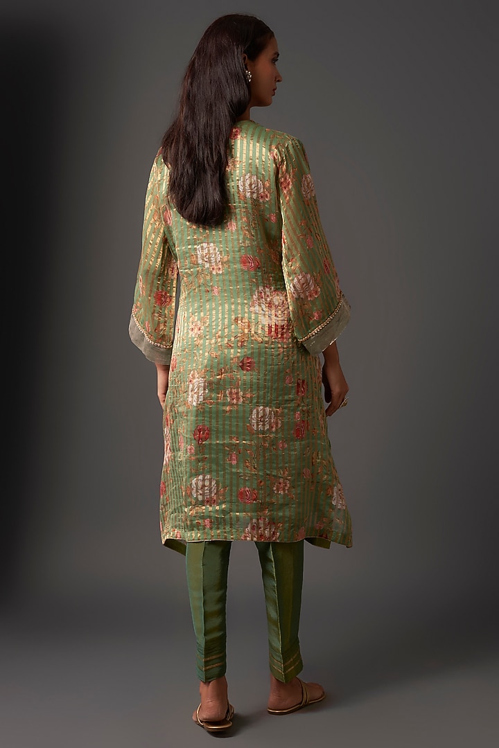 Turquoise Green Silk Tissue Floral Boota Hand Embroidered Kurta Set by Begum Pret at Pernia's Pop Up Shop