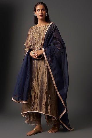 Midnight Blue Tissue Dabka Hand Embroidered Kurta Set by Begum Pret