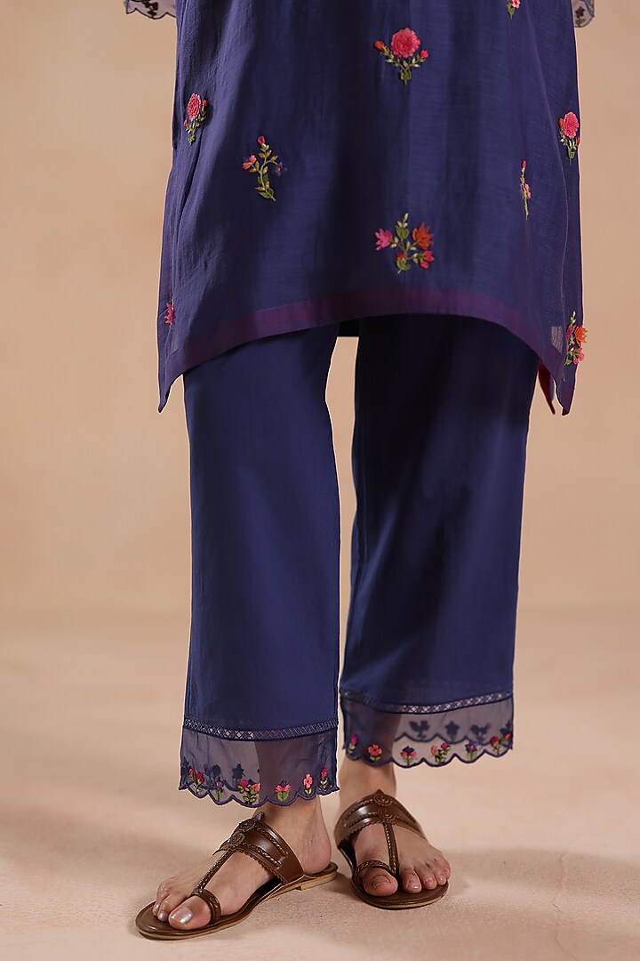 Deep Blue Chanderi Silk Floral Embroidered Kurta Set by Begum Pret at Pernia's Pop Up Shop