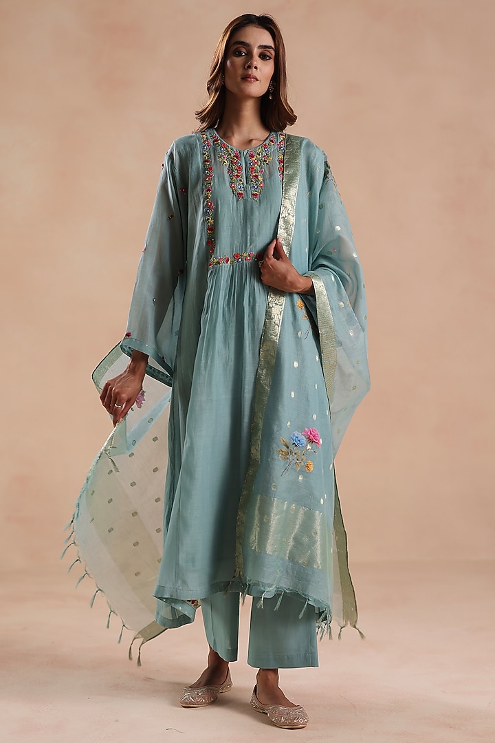 Aqua Blue Chanderi Silk Floral Embroidered Kurta Set by Begum Pret at Pernia's Pop Up Shop