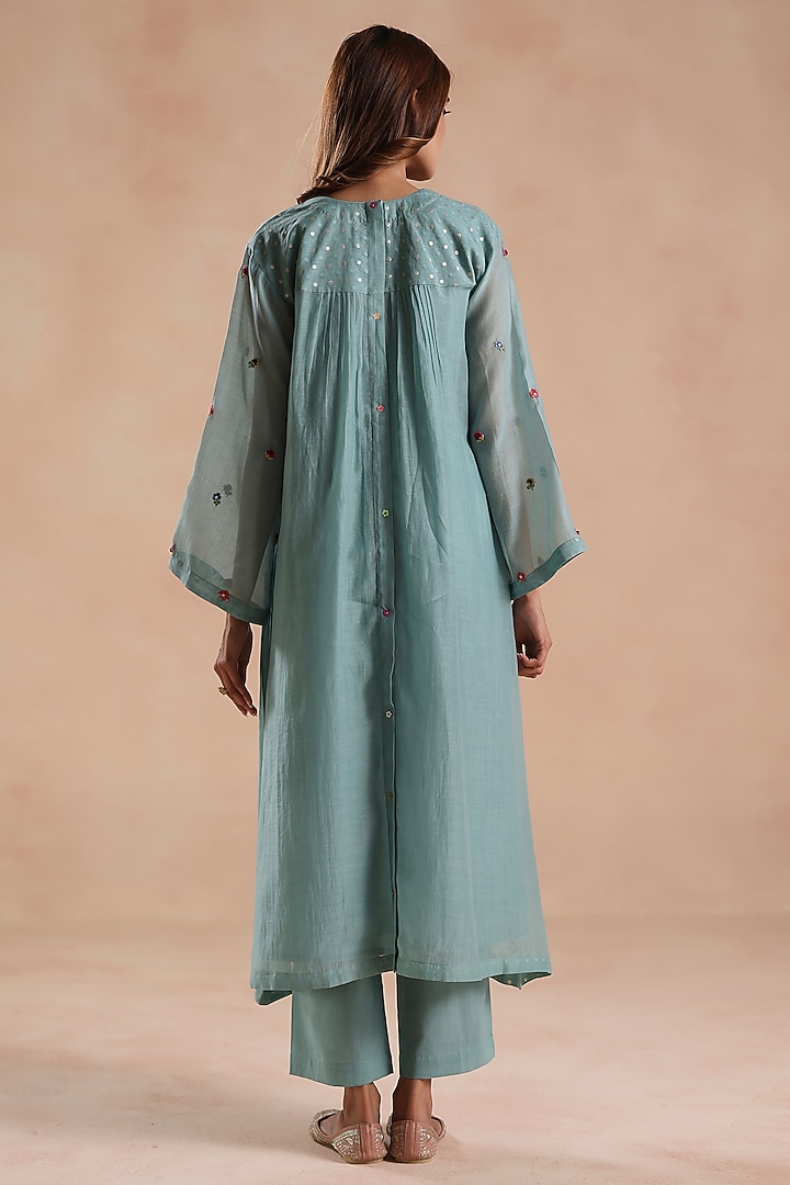 Aqua Blue Chanderi Silk Floral Embroidered Kurta Set by Begum Pret at Pernia's Pop Up Shop