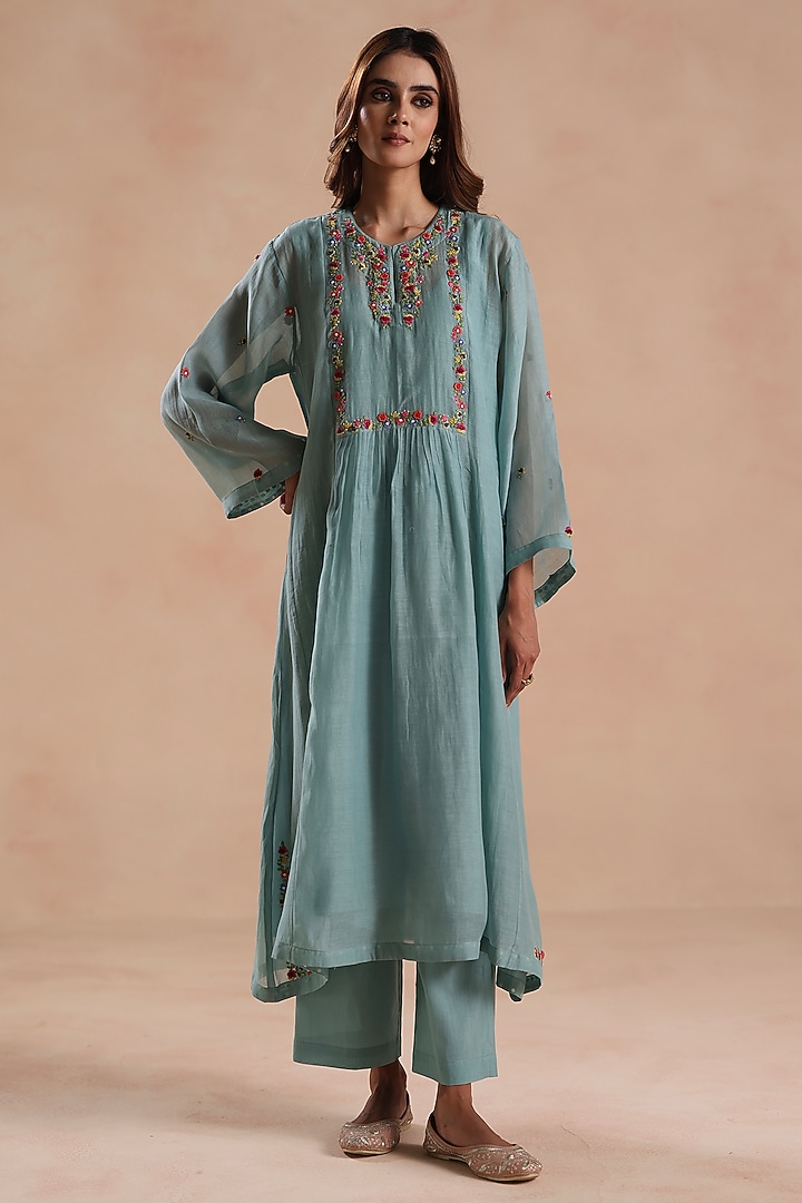 Aqua Blue Chanderi Silk Floral Embroidered Kurta Set by Begum Pret at Pernia's Pop Up Shop
