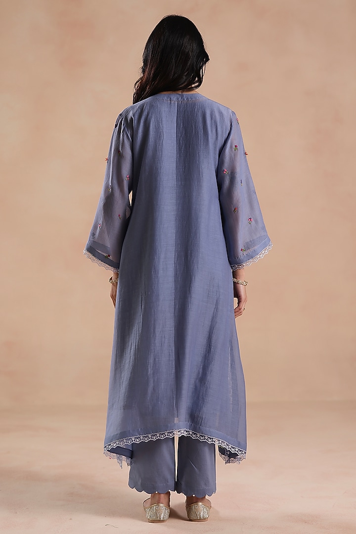 Powder Blue Chanderi Silk Floral Embridered Kurta Set by Begum Pret at Pernia's Pop Up Shop
