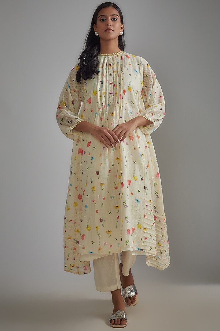 Ivory Seersucker Check Embroidered A-Line Kurta Set by Begum Pret at Pernia's Pop Up Shop