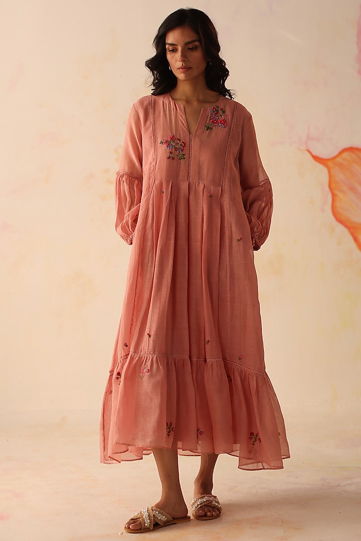 Peach Chanderi Floral Hand Embroidered A-Line Tiered Dress by Begum Pret