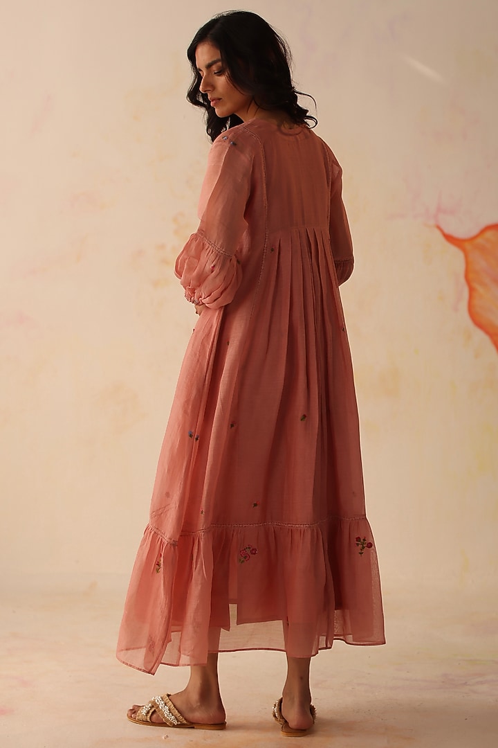 Peach Chanderi Floral Hand Embroidered A-Line Tiered Vacation Dress by Begum Pret at Pernia's Pop Up Shop