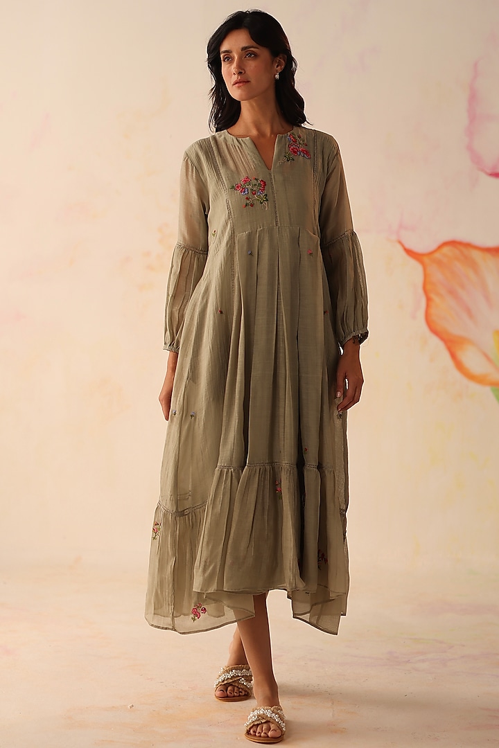 Olive Chanderi Floral Hand Embroidered A-Line Tiered Dress by Begum Pret at Pernia's Pop Up Shop