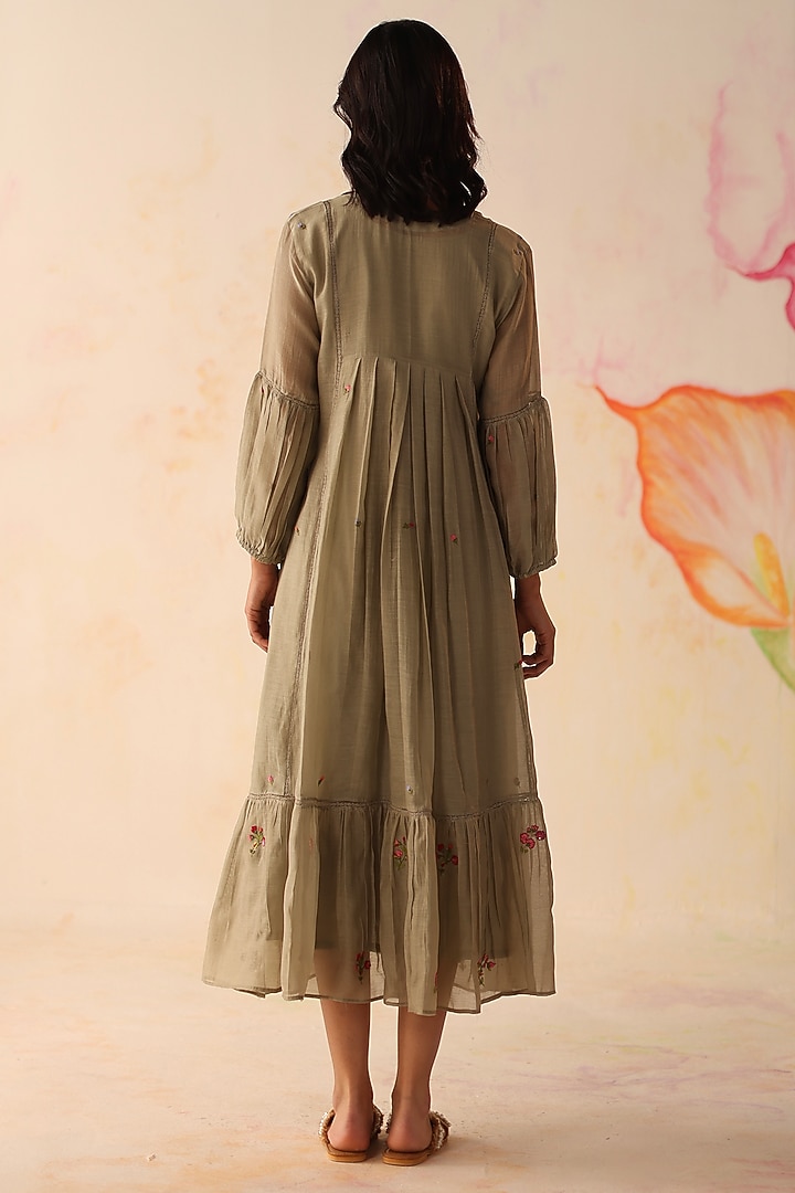 Olive Chanderi Floral Hand Embroidered A-Line Tiered Vacation Dress by Begum Pret at Pernia's Pop Up Shop