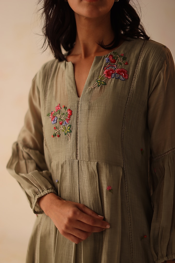 Olive Chanderi Floral Hand Embroidered A-Line Tiered Vacation Dress by Begum Pret at Pernia's Pop Up Shop