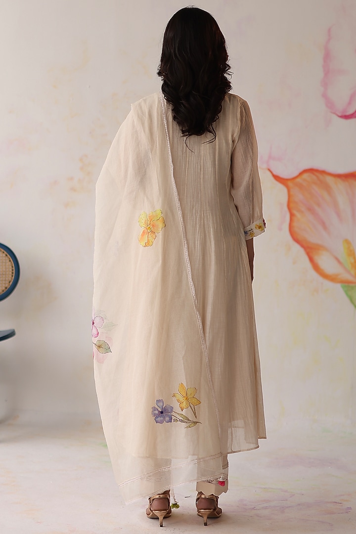 Ivory Silk Chanderi Hand Embroidered A-Line Kurta Set by Begum Pret at Pernia's Pop Up Shop