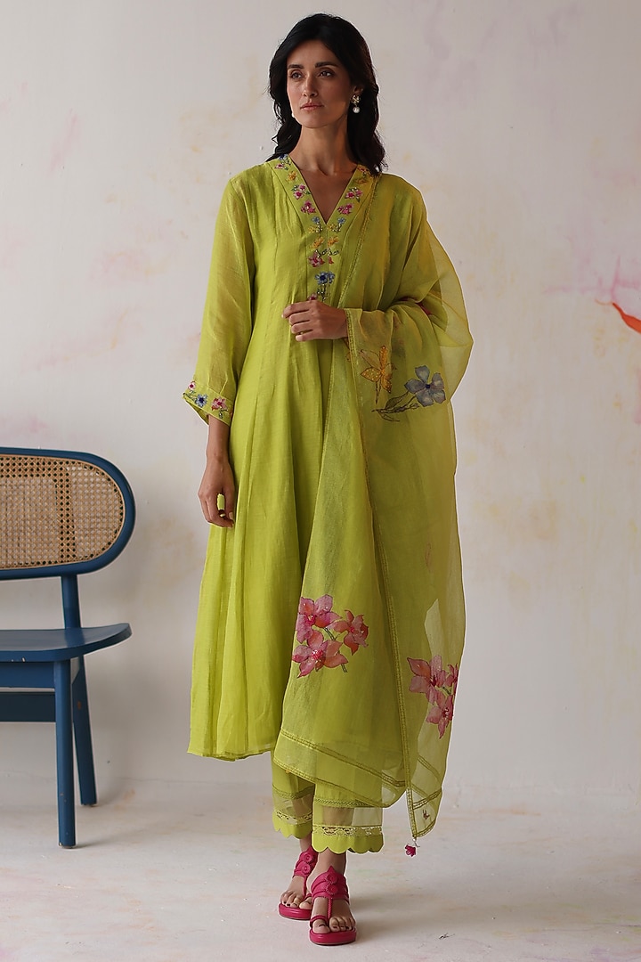 Lime Green Silk Chanderi Hand Embroidered A-Line Kurta Set by Begum Pret at Pernia's Pop Up Shop