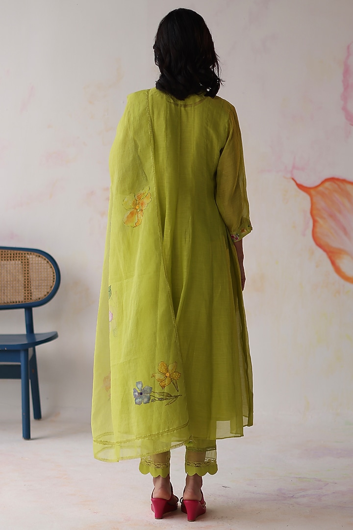 Lime Green Silk Chanderi Hand Embroidered A-Line Kurta Set by Begum Pret at Pernia's Pop Up Shop