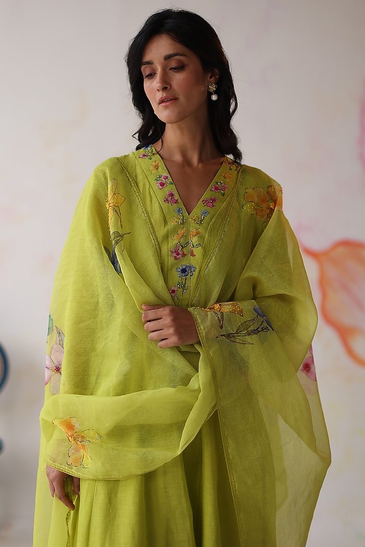 Lime Green Silk Chanderi Hand Embroidered A-Line Kurta Set by Begum Pret at Pernia's Pop Up Shop
