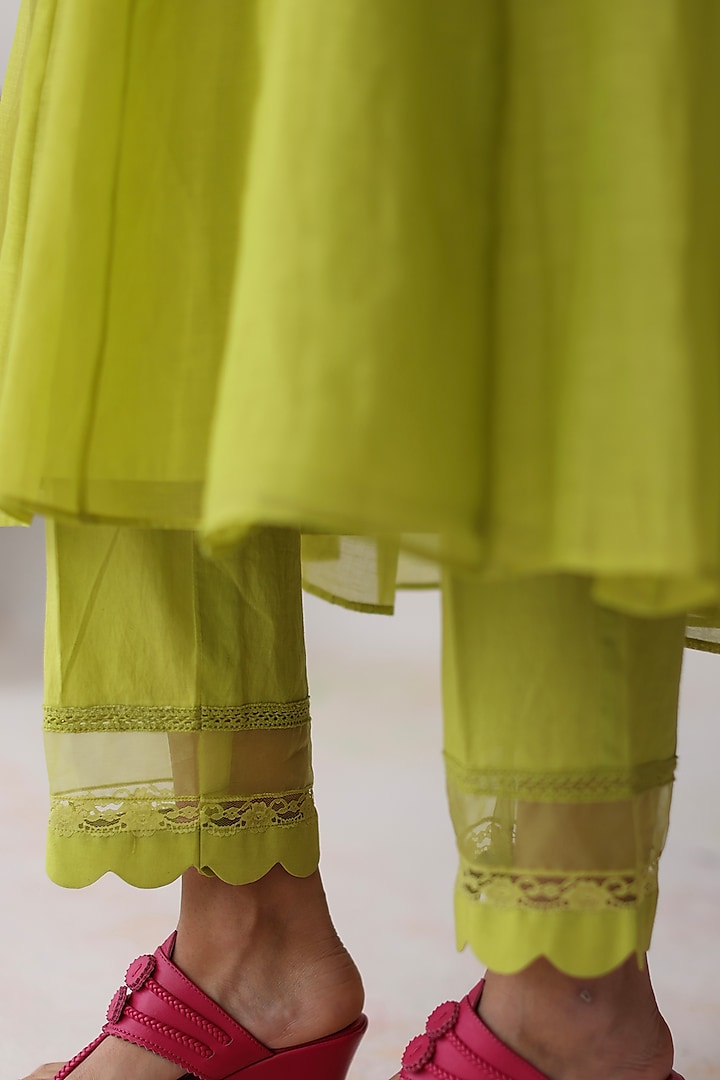 Lime Green Silk Chanderi Hand Embroidered A-Line Kurta Set by Begum Pret at Pernia's Pop Up Shop