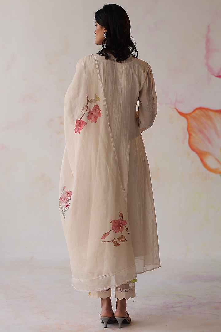 Ivory Silk Chanderi Hand Embroidered A-Line Kurta Set by Begum Pret at Pernia's Pop Up Shop