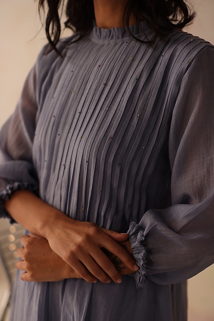 Periwinkle Chanderi 3D Floral Hand Embroidered Vacation Dress by Begum Pret at Pernia's Pop Up Shop
