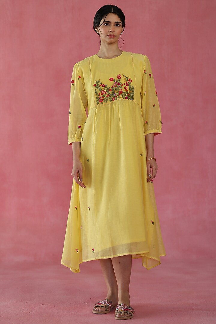 Lemon Yellow Chanderi Silk Hand Embroidered Midi Vacation Dress by Begum Pret at Pernia's Pop Up Shop