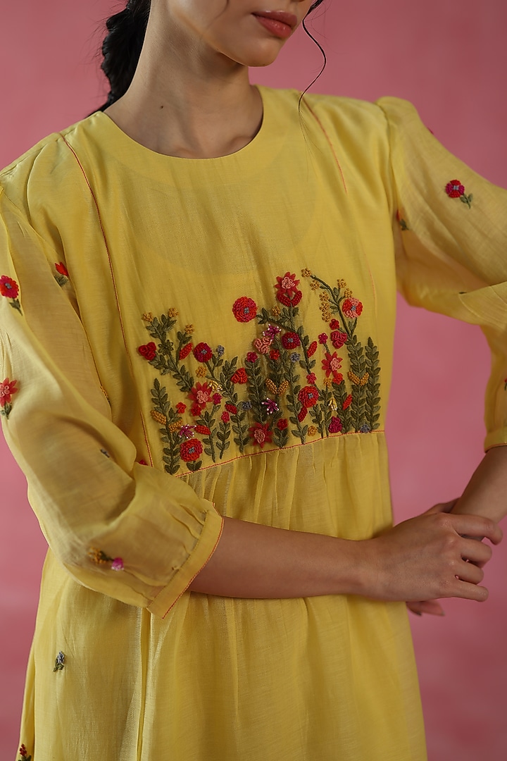 Lemon Yellow Chanderi Silk Hand Embroidered Midi Vacation Dress by Begum Pret at Pernia's Pop Up Shop