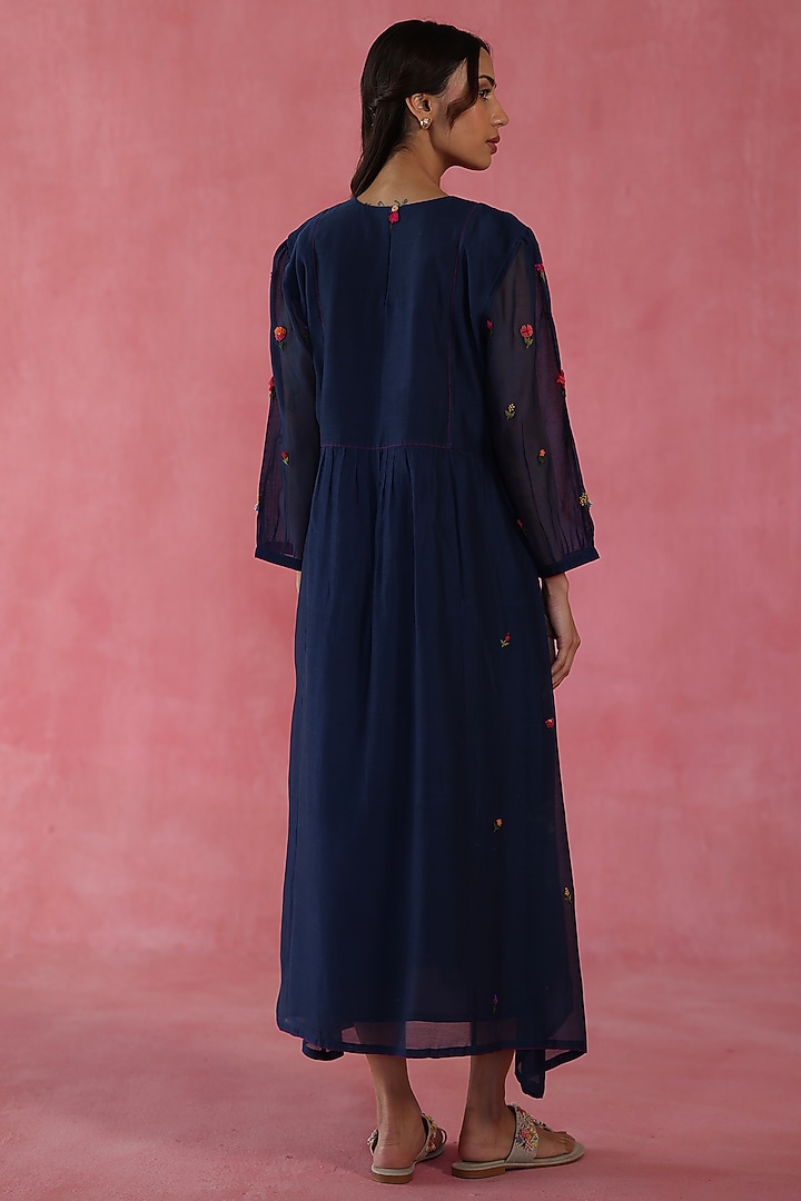 Navy Blue Chanderi Silk Hand Embroidered Midi Vacation Dress by Begum Pret at Pernia's Pop Up Shop