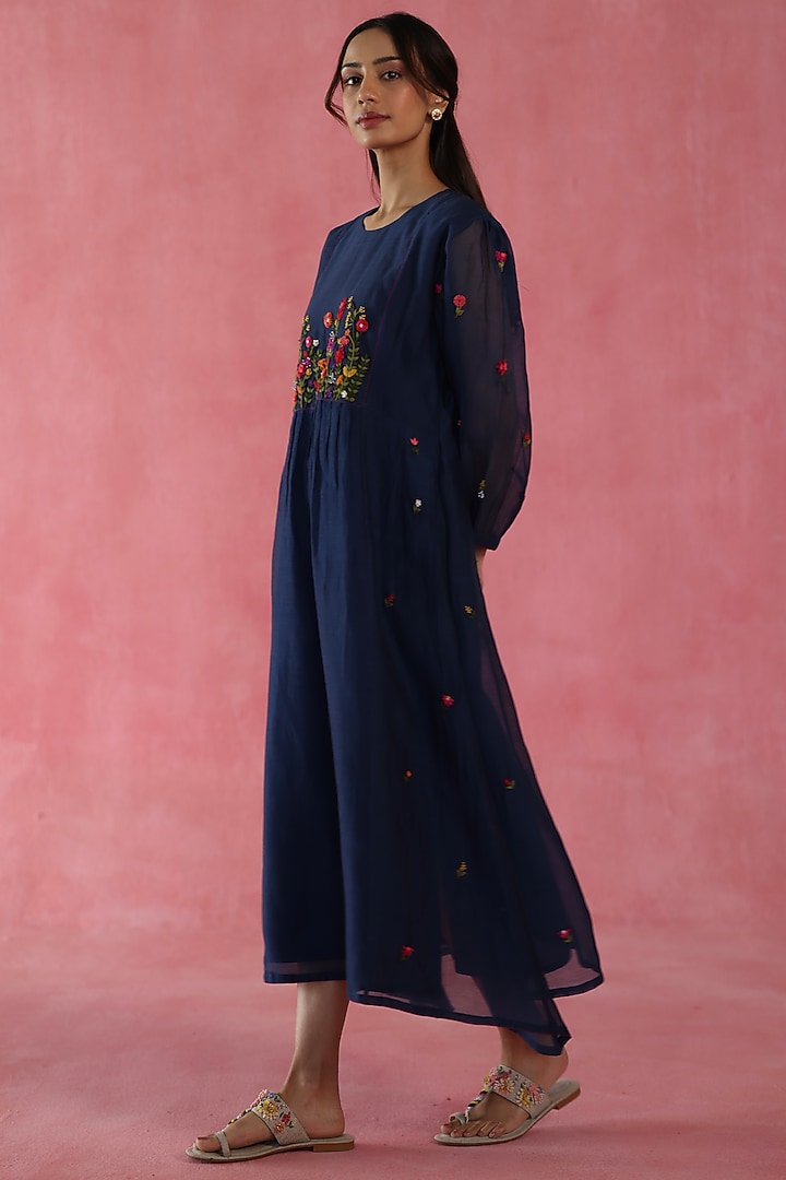 Navy Blue Chanderi Silk Hand Embroidered Midi Vacation Dress by Begum Pret at Pernia's Pop Up Shop