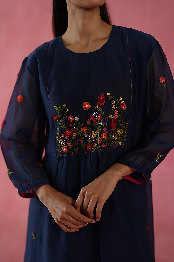 Navy Blue Chanderi Silk Hand Embroidered Midi Vacation Dress by Begum Pret at Pernia's Pop Up Shop