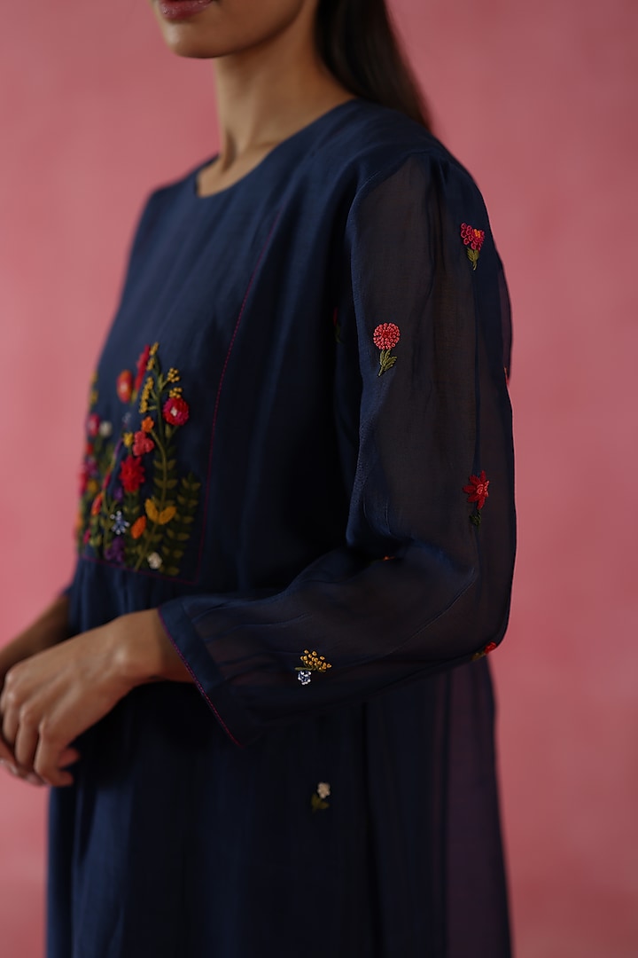 Navy Blue Chanderi Silk Hand Embroidered Midi Vacation Dress by Begum Pret at Pernia's Pop Up Shop