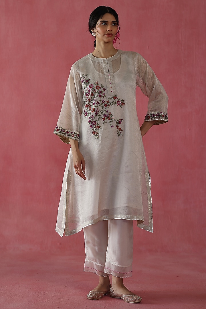 Ivory Banarasi Zari Silk Sequins Work Kurta Set by Begum Pret at Pernia's Pop Up Shop
