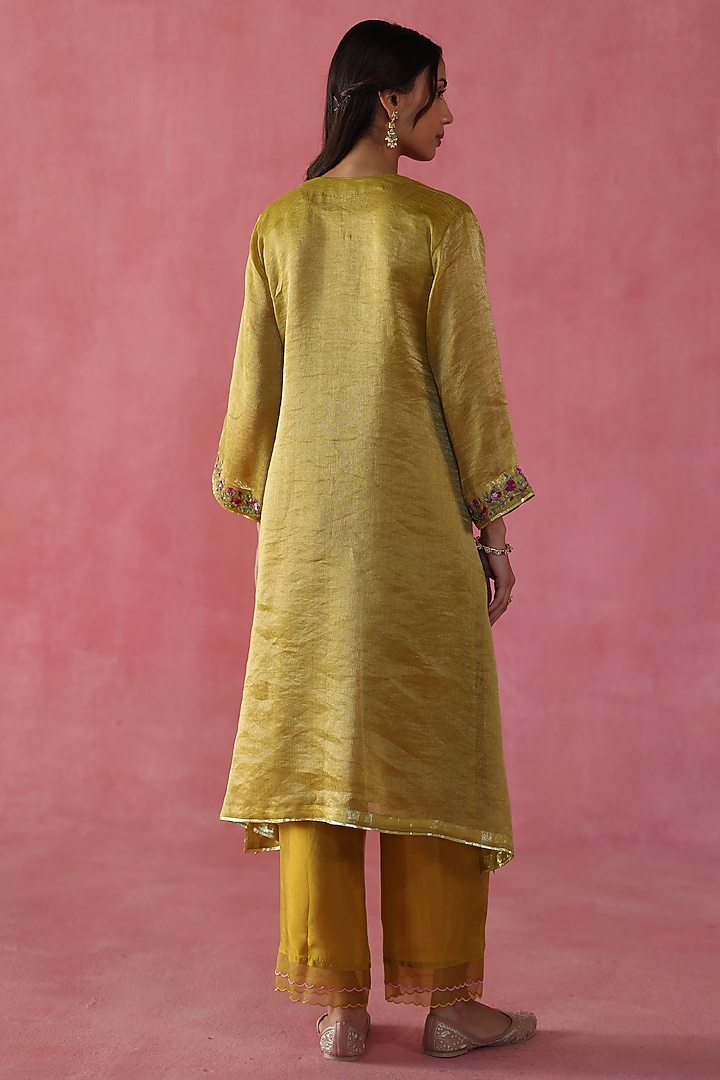 Mustard Banarasi Zari Silk Sequins Work Kurta Set by Begum Pret at Pernia's Pop Up Shop