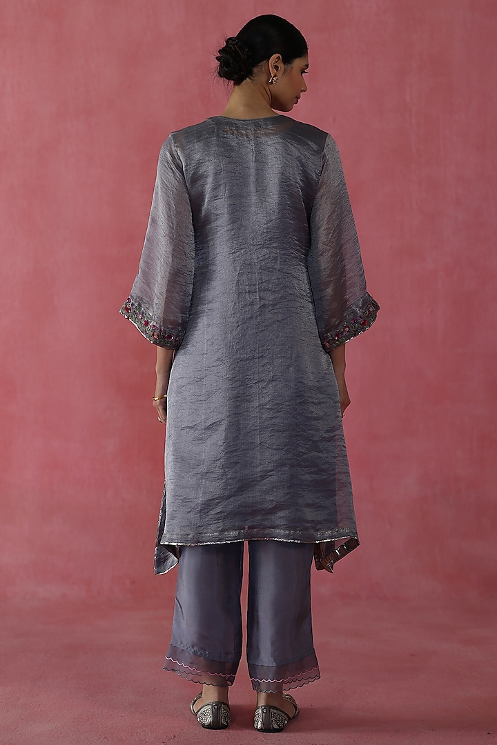 Grey Banarasi Zari Silk Sequins Work Kurta Set by Begum Pret at Pernia's Pop Up Shop