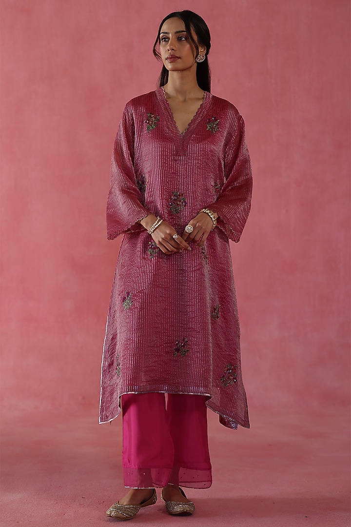 Fuchsia Pink Banarasi Zari Silk Sequins Work Kurta Set by Begum Pret at Pernia's Pop Up Shop