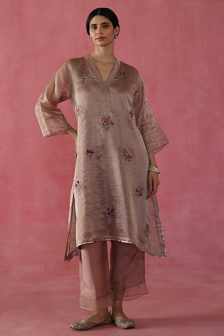 Beige Banarasi Zari Silk Sequins Work Kurta Set by Begum Pret at Pernia's Pop Up Shop
