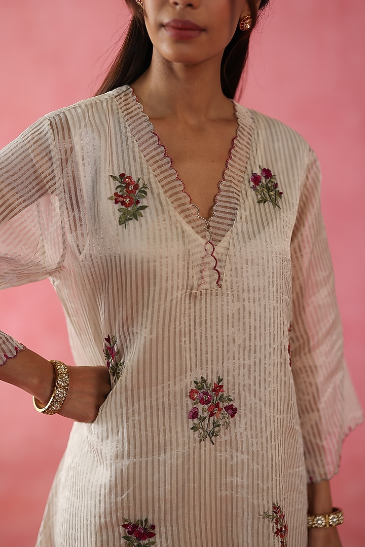 Ivory Banarasi Zari Silk Sequins Work Kurta Set by Begum Pret at Pernia's Pop Up Shop