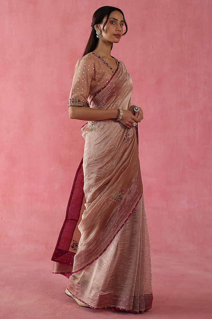 Beige Zari Silk Hand Embroidered Wedding Saree Set by Begum Pret at Pernia's Pop Up Shop