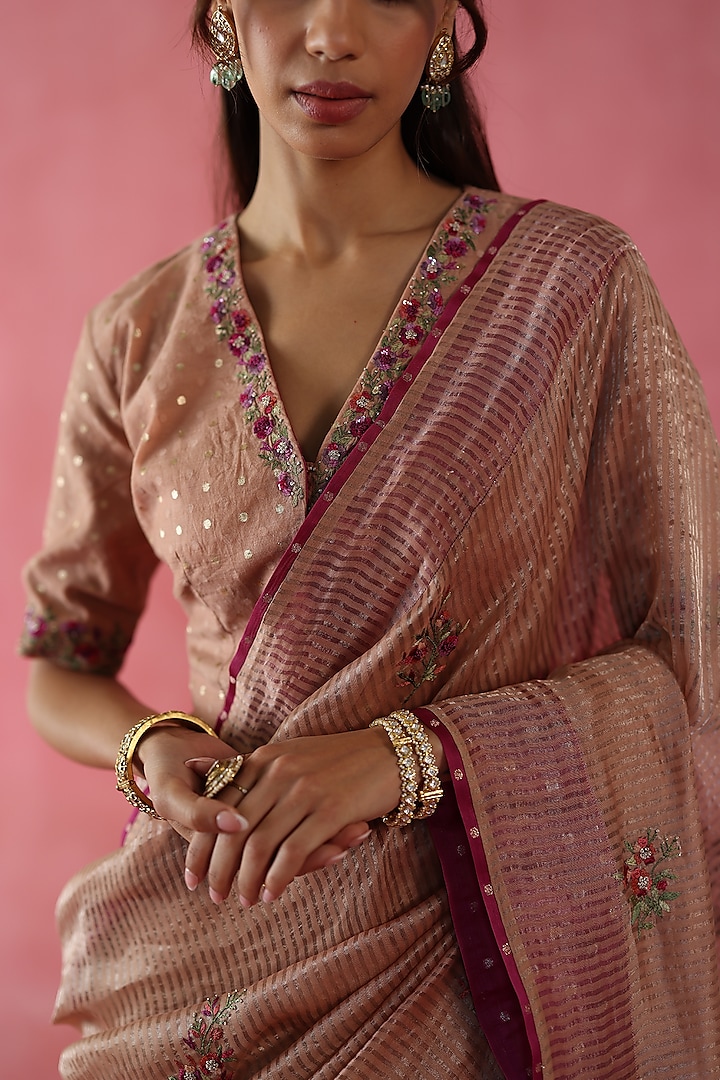 Beige Zari Silk Hand Embroidered Wedding Saree Set by Begum Pret at Pernia's Pop Up Shop