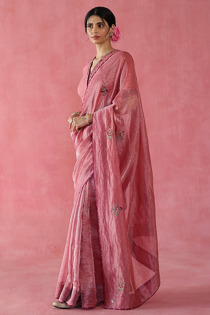Peach Zari Silk Hand Embroidered Wedding Saree Set by Begum Pret at Pernia's Pop Up Shop