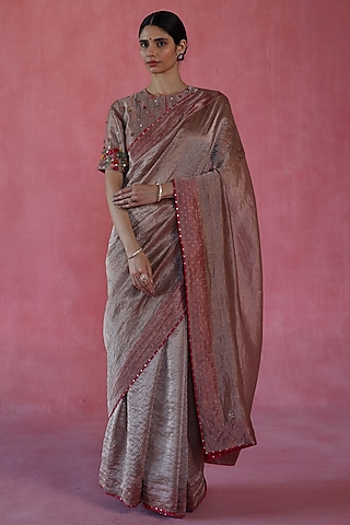 Beige Zari Silk Saree Set by Begum Pret