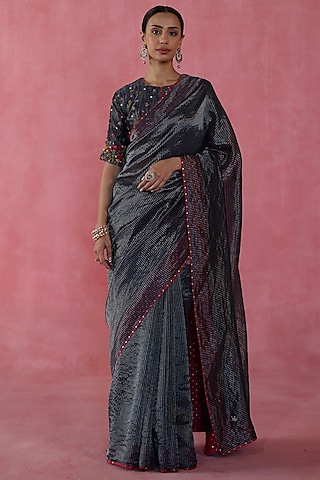 Navy Blue Zari Silk Saree Set by Begum Pret