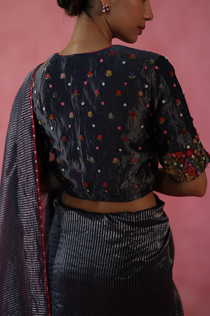 Navy Blue Zari Silk Wedding Saree Set by Begum Pret at Pernia's Pop Up Shop