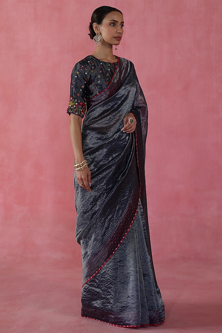 Navy Blue Zari Silk Wedding Saree Set by Begum Pret at Pernia's Pop Up Shop