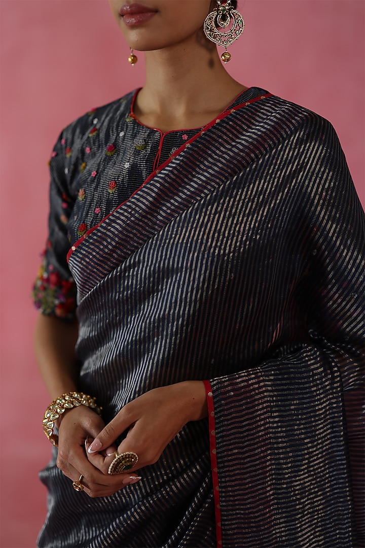 Navy Blue Zari Silk Wedding Saree Set by Begum Pret at Pernia's Pop Up Shop