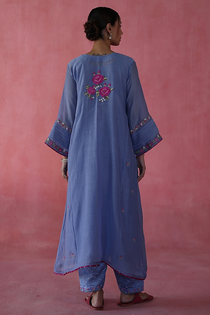 Periwinkle Chanderi Silk Hand Embroidered Kurta Set by Begum Pret at Pernia's Pop Up Shop