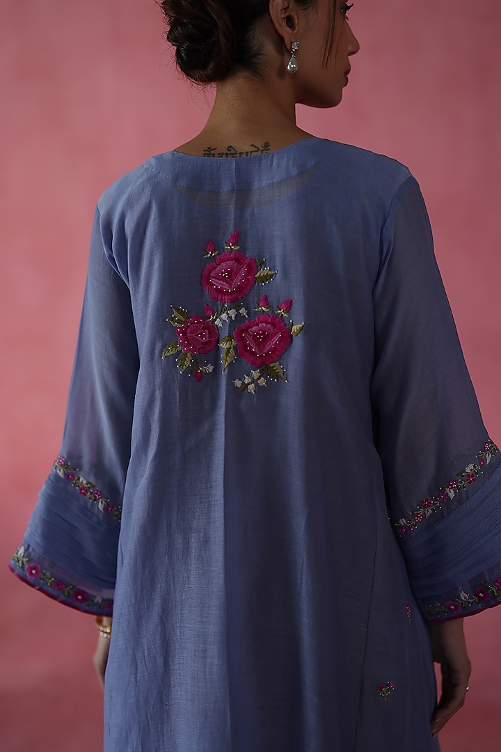 Periwinkle Chanderi Silk Hand Embroidered Kurta Set by Begum Pret at Pernia's Pop Up Shop