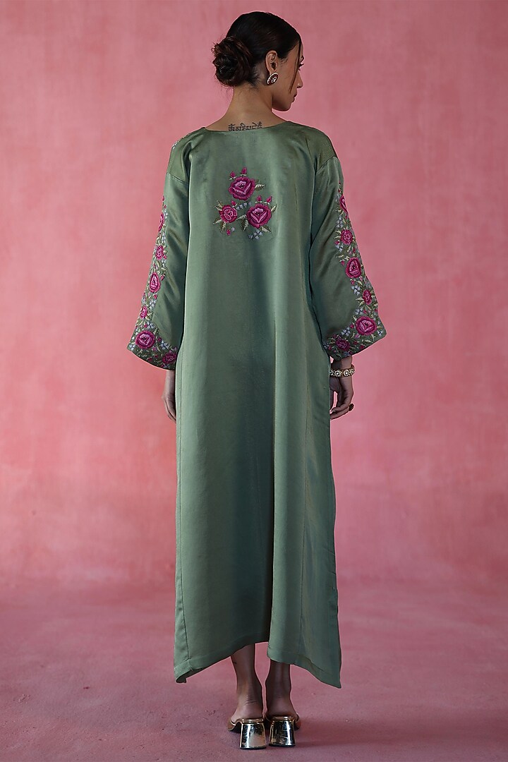Olive Green Dola Silk Moti Work Kaftan by Begum Pret at Pernia's Pop Up Shop