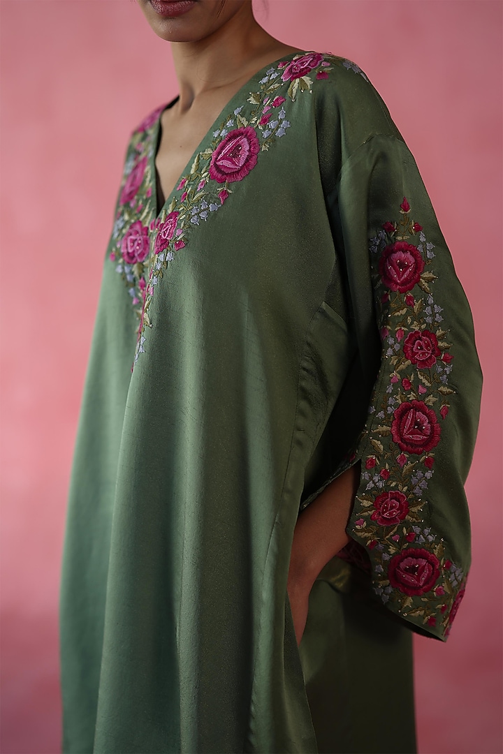 Olive Green Dola Silk Moti Work Kaftan by Begum Pret at Pernia's Pop Up Shop